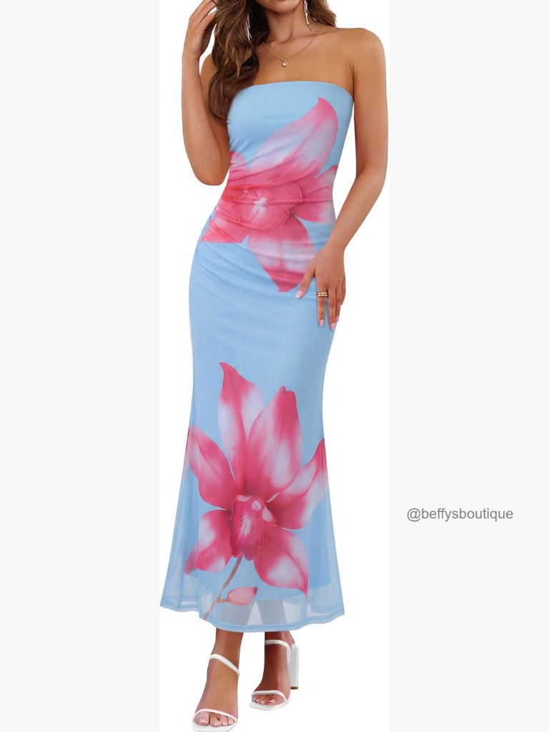 Floral Strapless Maxi Dress Tube Bodycon Wedding Guest